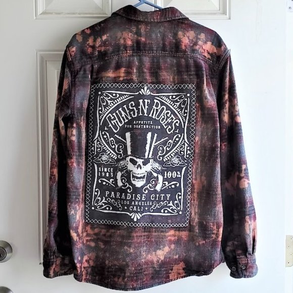 Upcycled Distressed Flannel Shirt With GUNS N' ROSES Tee On Back - L - Picture 1 of 5